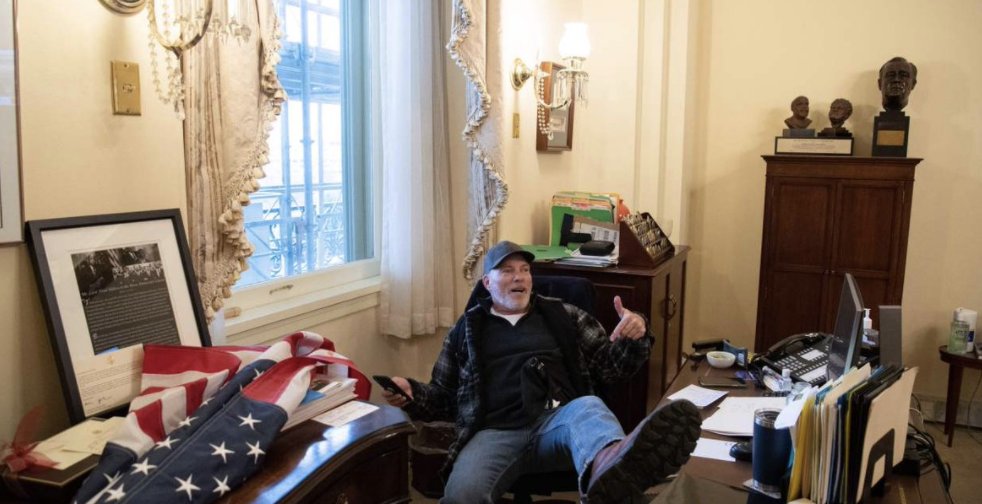 reenaroy's tweet image. From his feet on Nancy Pelosi's desk to an Arkansas jail. Here's a mug shot of Richard Barnett, who was arrested this morning and is now facing federal charges