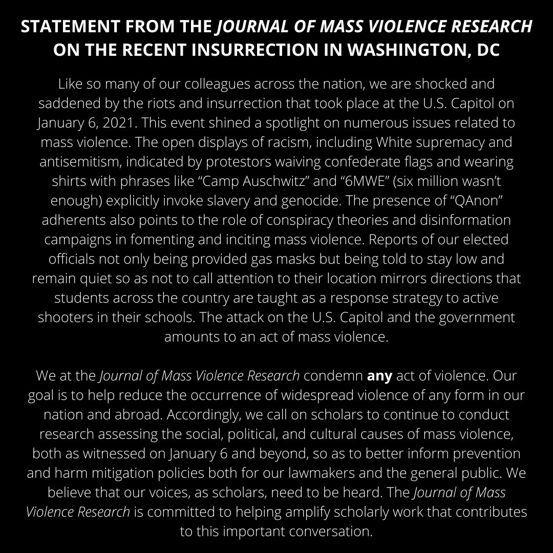 Please see the statement below from the #JMVR Editorial Board regarding this week’s insurrection at the U.S. Capitol in Washington, DC and its relationship to mass violence.