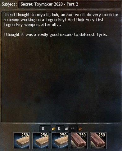 DryTopSAND's tweet photo. Finally got my #SecretToymaker2020 stuff sent off! I took a lot longer than I normally do, but I feel like it was worth it to go the extra mile farming! Broke up the images into 2 Tweets so Twitter wouldn't weirdly zoom in on the blank space in the mail letters.. #GuildWars2 #GW2 https://t.co/qHLJu3bWlu