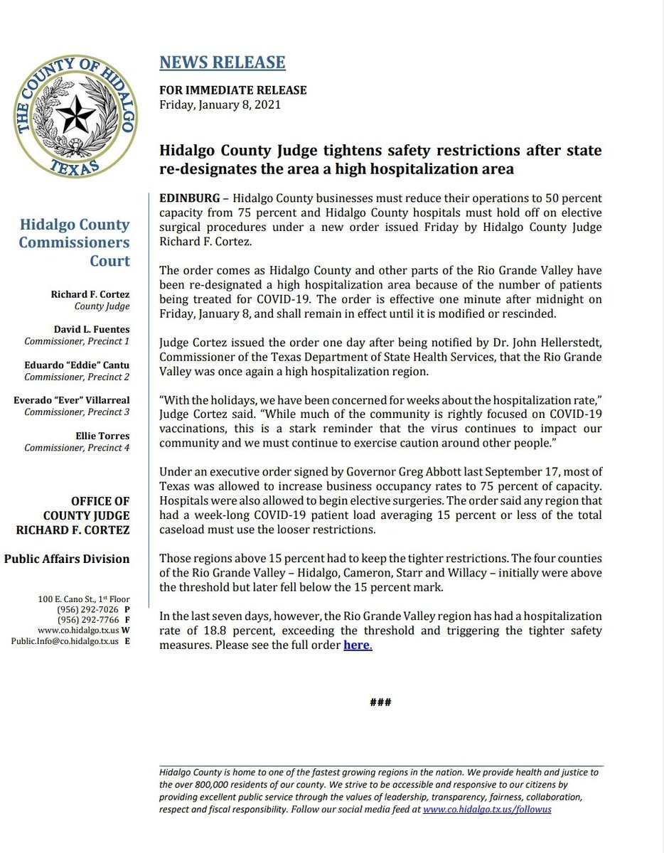 Hidalgo County Judge tightens safety restrictions after state re-designates the area a high hospitalization area. Full Order can be found here: hidalgocounty.us/DocumentCenter…