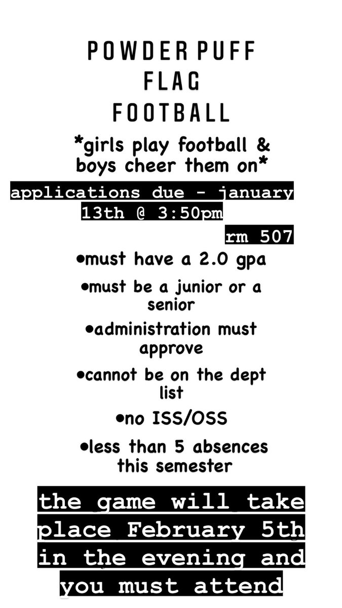 Our annual powderpuff game is coming up!! Forms are now available in room 507!! 💙💙 #wearewharton <a href="/WhartonWildcats/">Wharton High School</a>