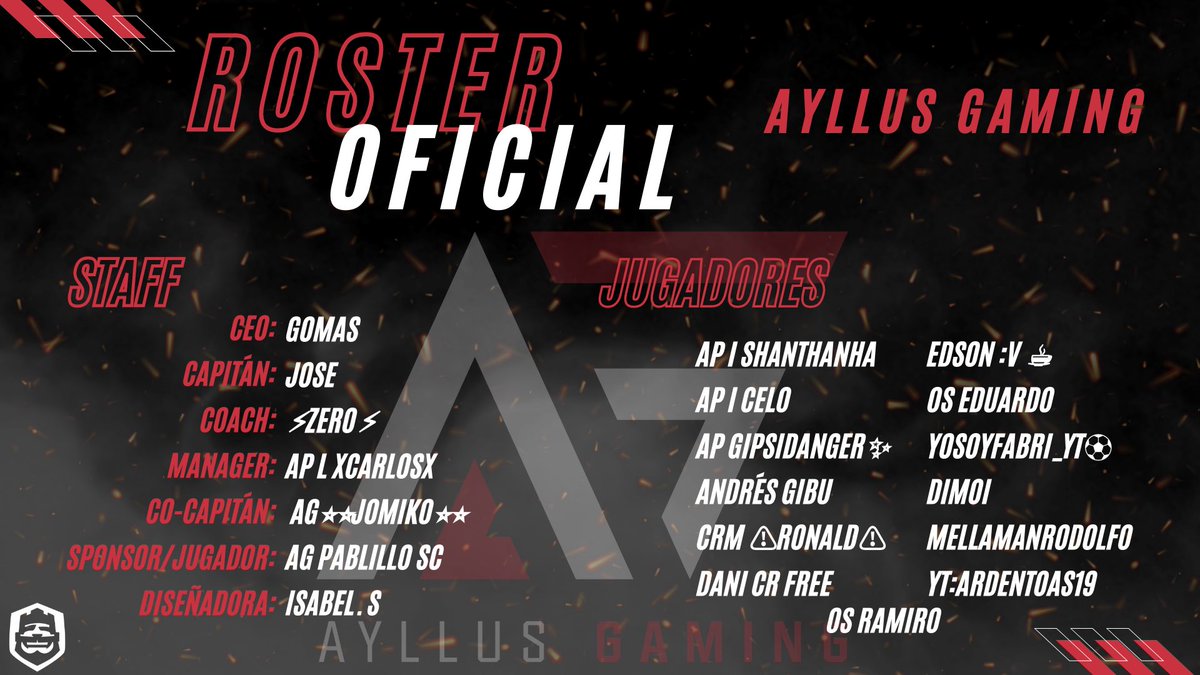 #CR | ¡ROSTER OFICIAL!

Así, presentamos oficialmente el roster de Ayllus Gaming con el que arrancamos este 2021 y que nos acompañará en todas nuestras competencias.

⭐️Este será nuestro año⭐️

#GoAyllus #AyllusForever