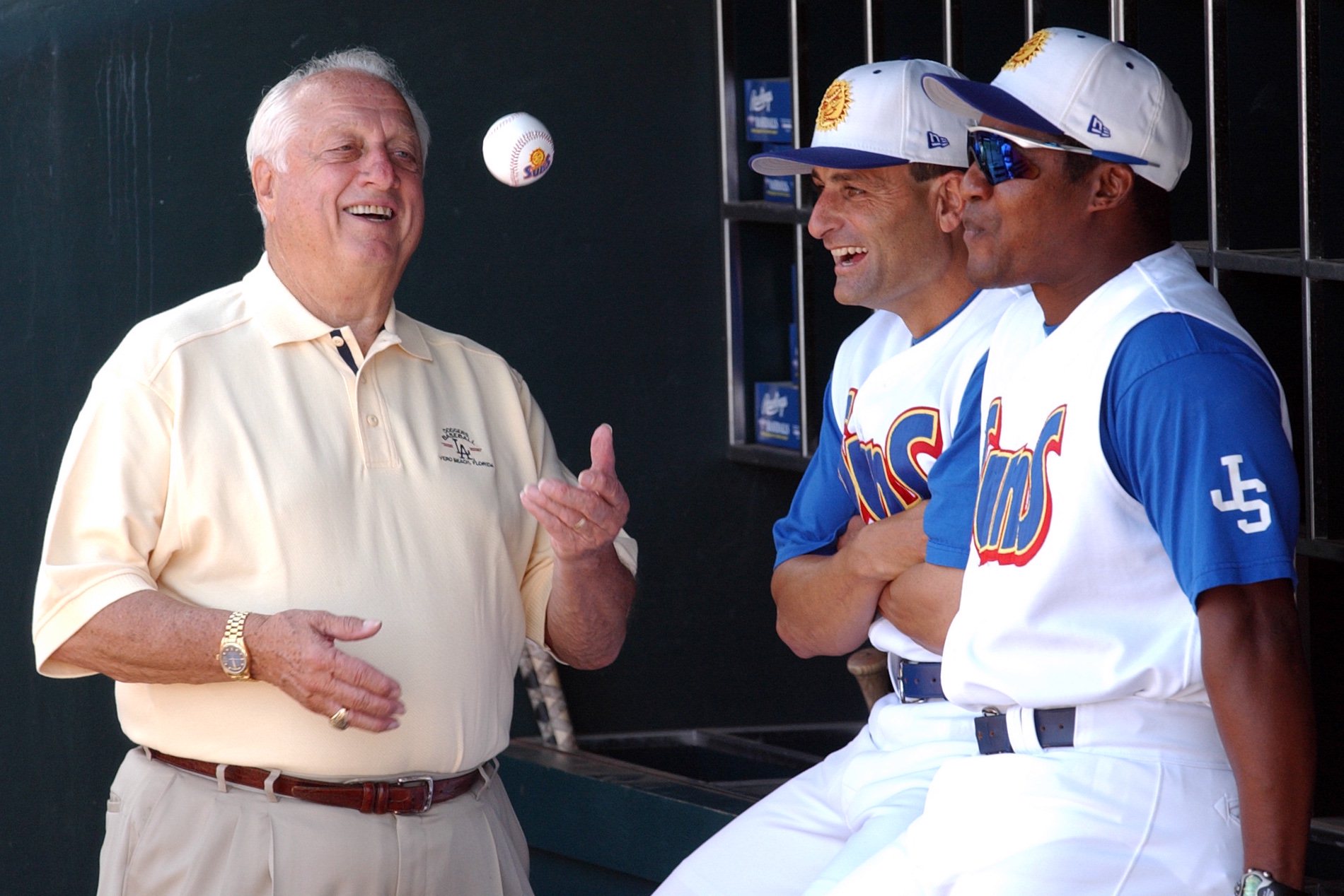 Clayton Freeman on Twitter: "From the @jaxdotcom archives: Tommy Lasorda  talks with #JaxSuns manager Dino Ebel and hitting coach Mariano Duncan  (among his former players with the #Dodgers) before throwing out the
