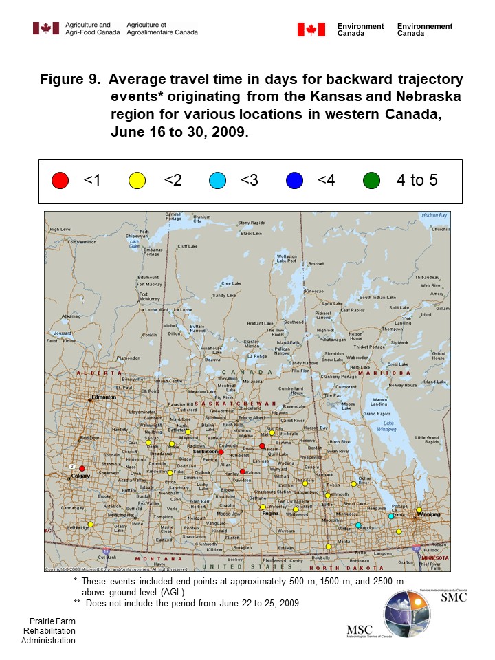 Here are some examples of average travel time in days for backward trajectory events originating from the PNW and Nebraska/Kansas and traveling to various locations in western Canada, June 16 to 30, 2009.