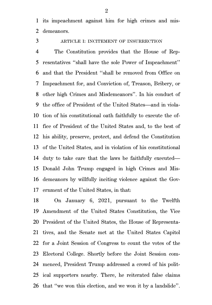 JUST IN: 4-page draft article of impeachment against President Trump that Reps. Raskin, Lieu, Cicilline are planning to introduce Monday: "Incitement of insurrection"