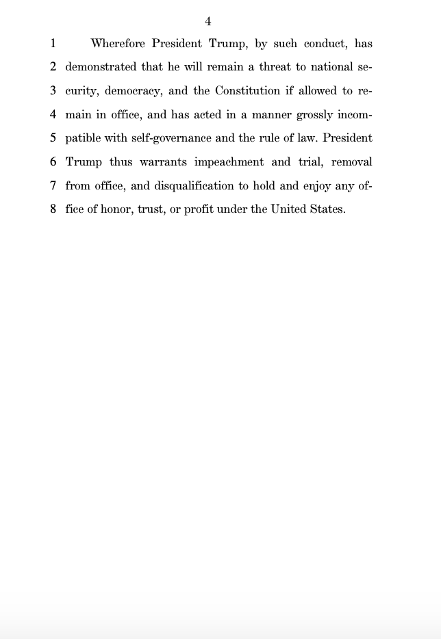 JUST IN: 4-page draft article of impeachment against President Trump that Reps. Raskin, Lieu, Cicilline are planning to introduce Monday: "Incitement of insurrection"