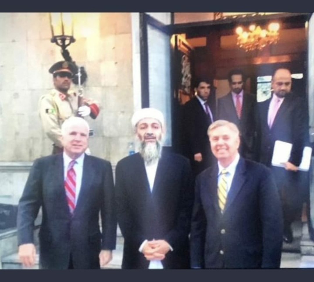 MaryStrawn10's tweet photo. WTF is @LindseyGrahamSC  and @JohnMcCain doing with Osama Bin Laden? https://t.co/bRZME7Otpr