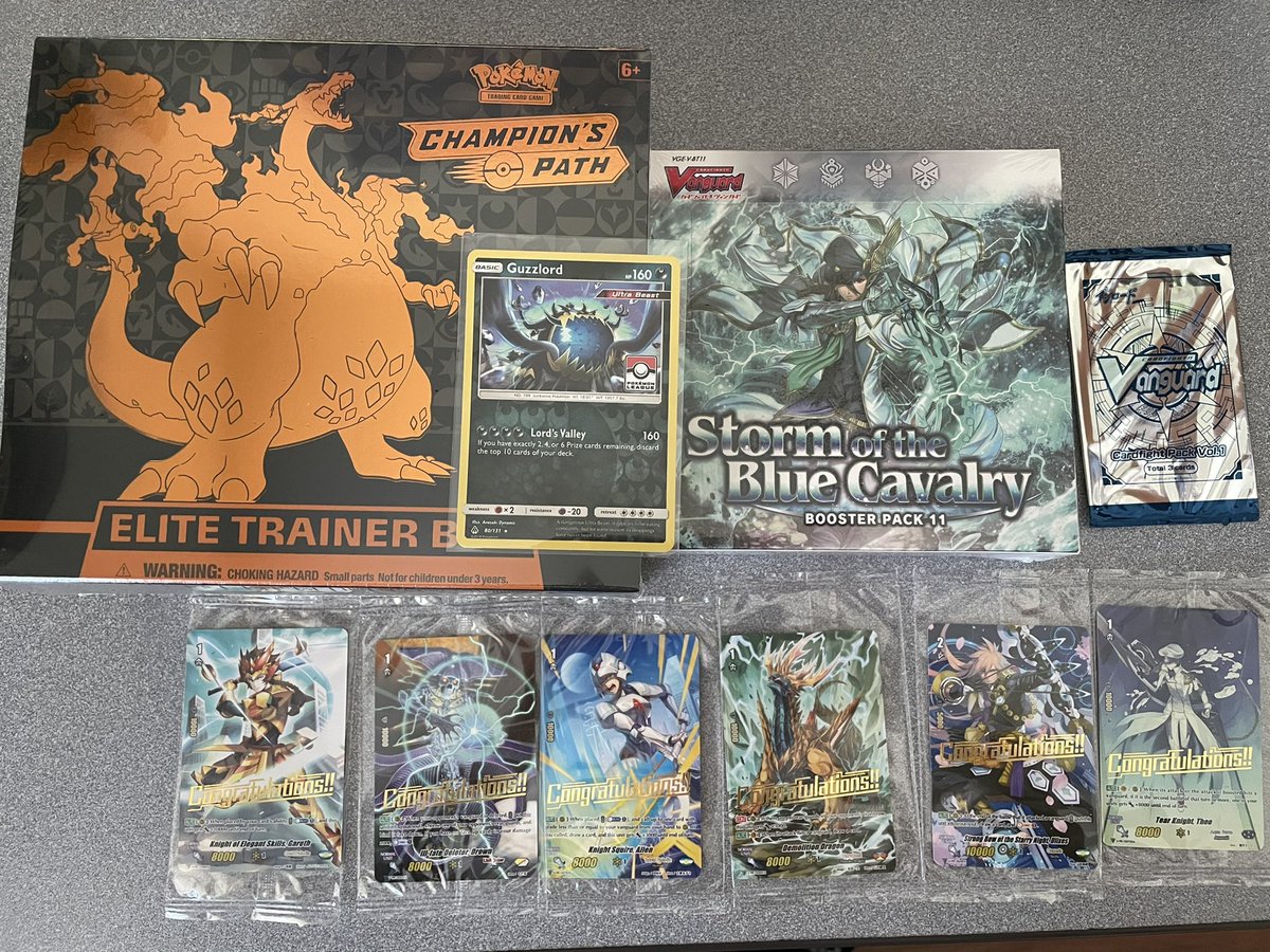 raixetsu's tweet photo. Got to pick up a few cards from my local card shop & got some neat promo cards. Thanks @cardsandcomics ! Can’t wait to unbox these when I stream or maybe do live breaks (????) #PokemonTCG #vanguardTCG #cardfight #pokemon #championpath #twitchstreamer https://t.co/4CwhvH4zI5