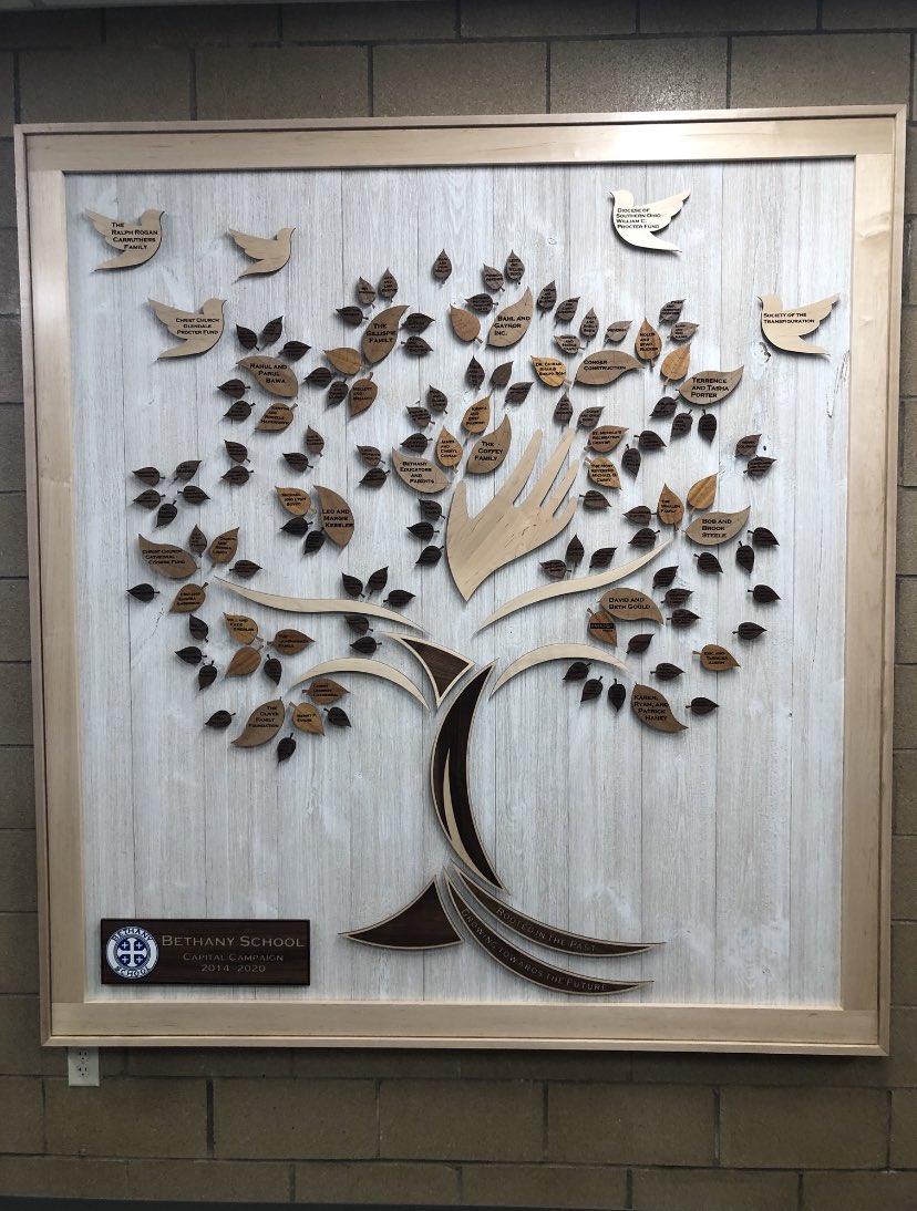 “Rooted in the Past. Growing Towards the Future” This donor wall art was created from the trees cleared to make room for the Bethany School campus expansion project. Each leaf pays tribute to the donors helping to make this school come to life. #congerbuilt #buildasolidfuture
