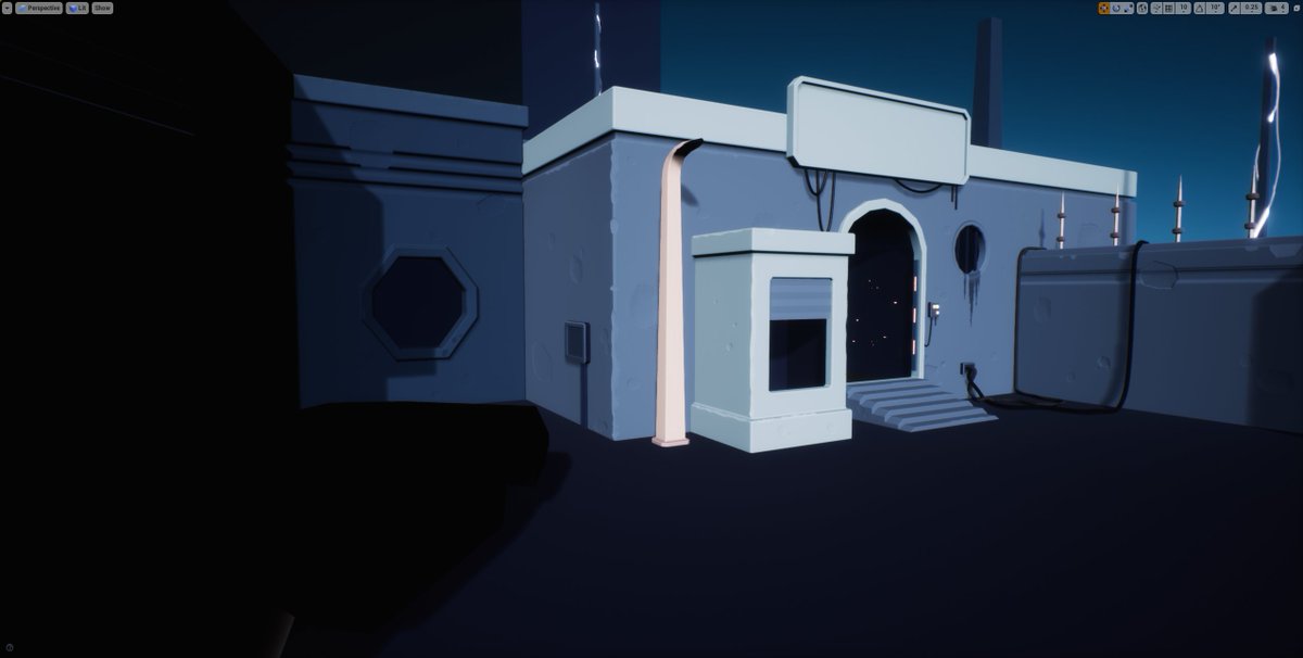 Okay, so that's the cables in! I also felt the building on the left side was just getting lost in the shadow too much, and wwas visible wasn't well balanced (mostly the height of the window and the empty space above it). So I added some trim details and wear.  #ue4  #gamedev