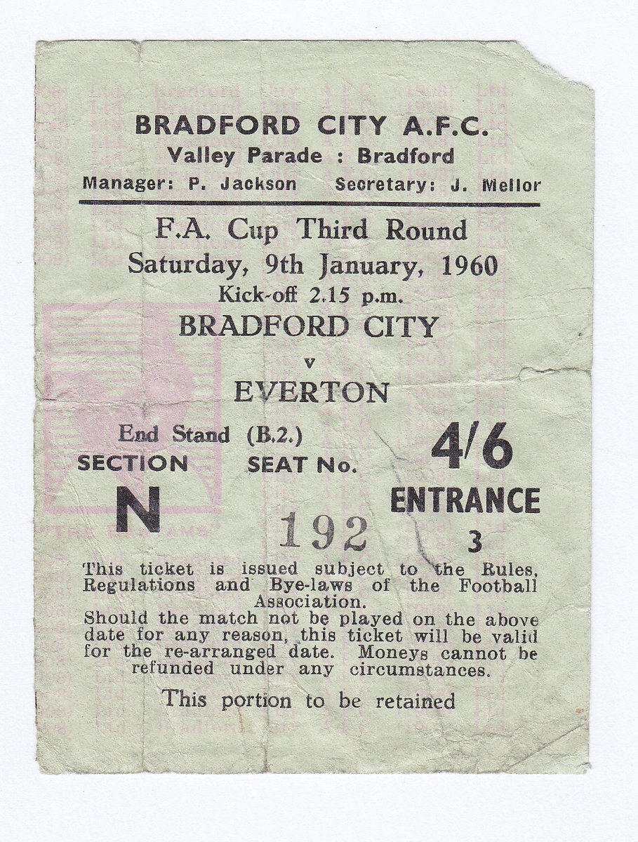 jpdewhirst's tweet photo. OTD in 1960 #bcafc defeated Everton 3-0 in the Third Round of the FA Cup @FACupFactfile @EmiratesFACup at Valley Parade, crowd 23,550. #bcafcobjects https://t.co/e8qEOqznO4
