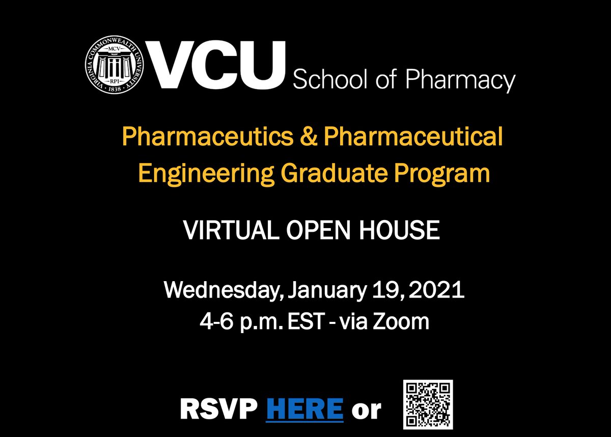 VCUPharmEng's tweet photo. #WhereEngineeringMeetsHealth
https://t.co/fDRhvgBUzR
@VCU Pease help us disseminate our #Pharmaceutics and #PharmaceuticalEngineering Graduate Program Virtual Open House this January 19th, 2021 4-6PM.
@VCUPharmacy 
@VCUENGR 
@VCUHealth 
@VCUChemistry 
@VcuBiology 
@vcualumni https://t.co/M7gaLZumPa