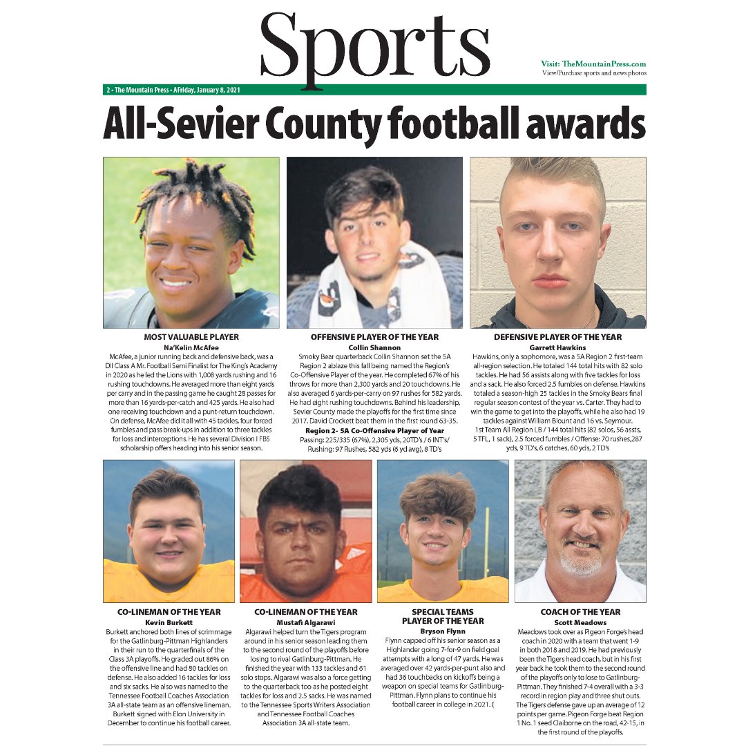 TKASeymour's tweet photo. Congratulations to @TKAFootball players named to @themtnpress All Sevier County teams! 🦁🏈 https://t.co/Z6aOP2w6f2
