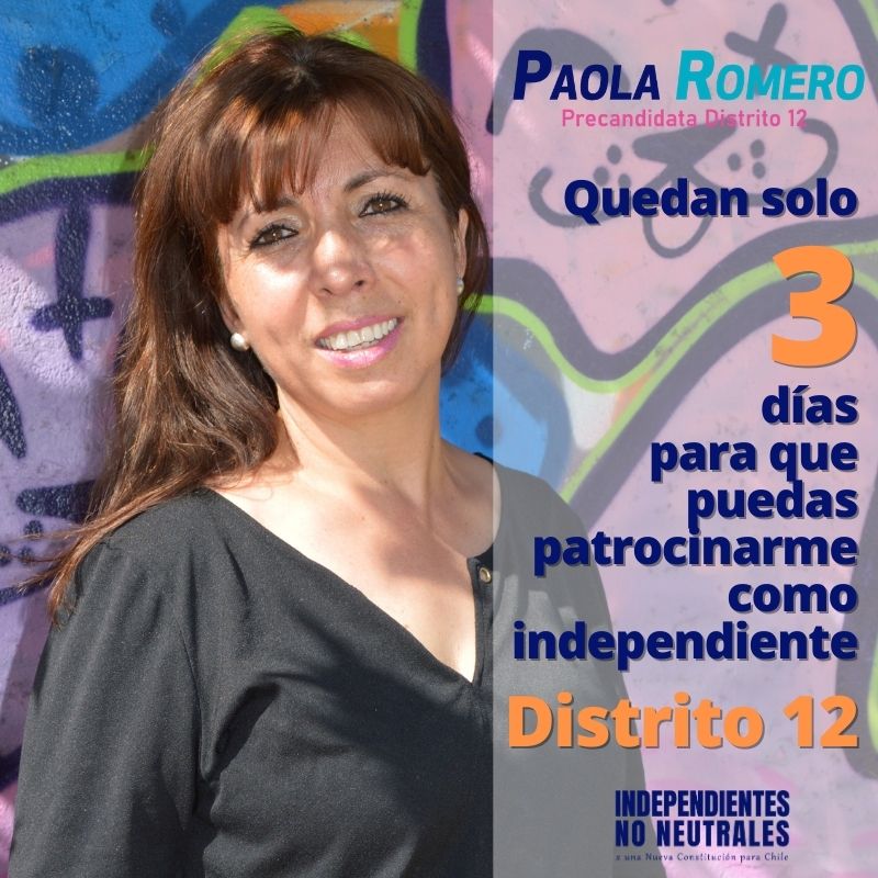 Quedan solo 3 días para q puedas patrocinar a un independiente!
Dame la oportunidad de representarte, patrocinándome como independiente por <a href="/noneutrales/">Independientes No Neutrales</a> <a href="/NoNeutralesD12/">Independientes por una Nueva Constitución</a> Ingresa a patrocinantes.servel.cl 
Cuento contigo!

#laflorida #LaPintana #PuenteAlto #pirque #SanJosédeMaipo