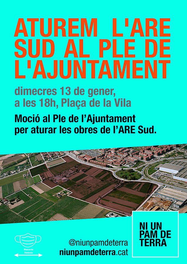 🔴 IMPORTANT: aquest dimecres 13 de gener es debatrà al Ple de l'<a href="/ajelprat/">Ajuntament del Prat</a> una moció de Ni un pam de terra per aturar la segona fase de l'ARE Sud. Us demanem que vingueu a partir de les 18h a la plaça de la Vila per fer-nos costat💪#StopAREPratSud #Moció #Niunpamdeterra