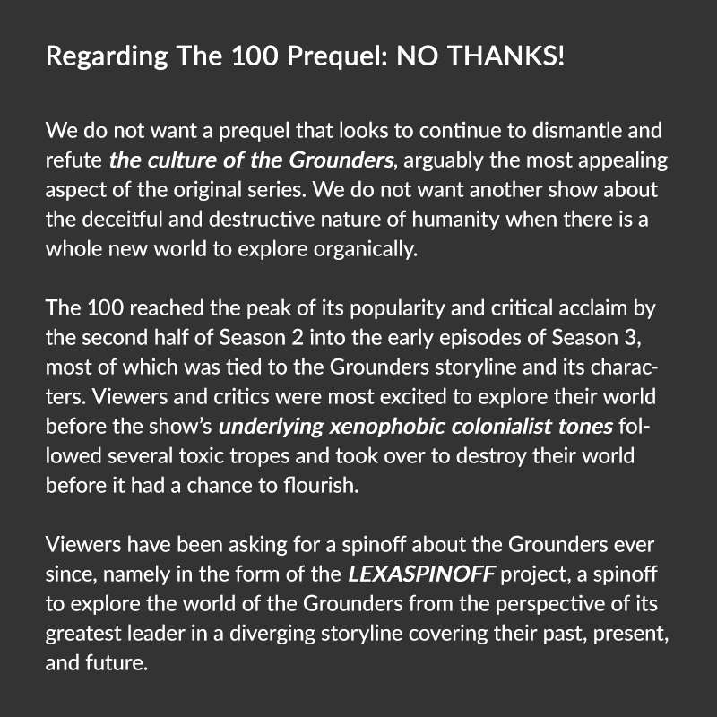 ClexaGlobal's tweet photo. @2AdDiCted2 @DEADLINE No accountability. Still misogynistic, xenophobic and homophobic @TheCW @warnerbrostv @WarnerMedia @glaad @Inclusionists @WriteInclusion @GDIGM @SeeHerOfficial @RepresentPledge #RepresentationMatters #NoThe100Prequel #FireJasonRothenberg https://t.co/dbP7QKY2LS