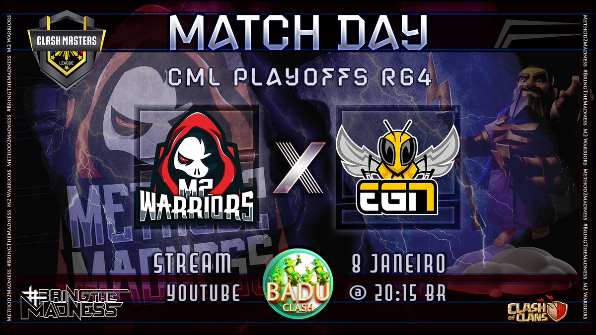 #GO100Followers

🏆 CML PLAYOFFS RG4 🏆 <a href="/CML_INTL/">CLASH MASTER’SLEAGUE</a> 

⚔️🔥 M2 Warriors vs EGN Esport ⚔️🔥

📆 08/01
⏰ 20:15 🇧🇷
⏰ 11:15 pm 🇵🇹

📺 YOUTUBE: youtu.be/EZTpsUOYKHM
<a href="/M2Warriors/">M2Warriors</a> <a href="/FacreZ_/">M2 FacreZ</a> <a href="/HeLgaCoC/">HeLga</a> <a href="/JulianoSaddock/">Juliano Saddock</a> <a href="/EGNesports/">EGN Esports</a> @CoC_Portugal <a href="/PITournament/">PIT</a> <a href="/CoCEsports/">Clash of Clans Esports</a> <a href="/ClashofClans/">Clash of Clans</a>