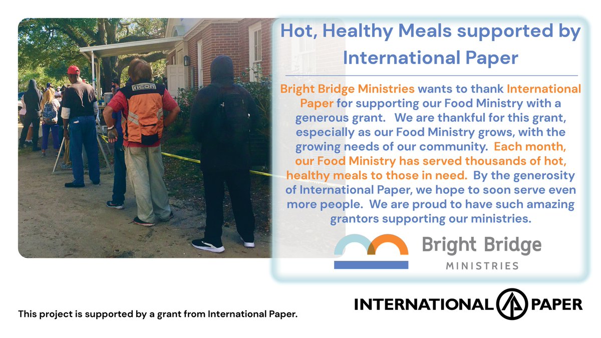 BrightBridgeFL's tweet photo. #BrightBridgeMinistries wants to thank @IntlPaperCo for a #generous #grant for our #Food #Ministry, allowing us to serve #HotHealthyMeals to even more underserved people in #PensacolaFlorida.  We are #glad to be able to keep serving throughout #COVID19. #GrantRecipient #ThankYou https://t.co/ypGfTh78ZW