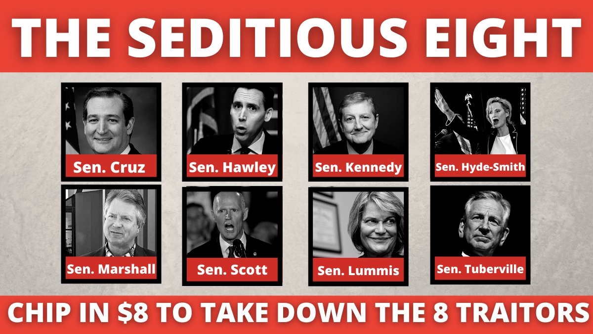 Ojeda4America's tweet photo. Blood was still in our Capitol, and 8 Senators went back and continued spewing the same lies that caused an insurrection. We are committed to finding candidates that can beat these traitorous assholes. 
CHIP IN $8 NOW TO TAKE DOWN #TheSeditiousEight https://t.co/99fvHv8O54 https://t.co/OdxL699dfM