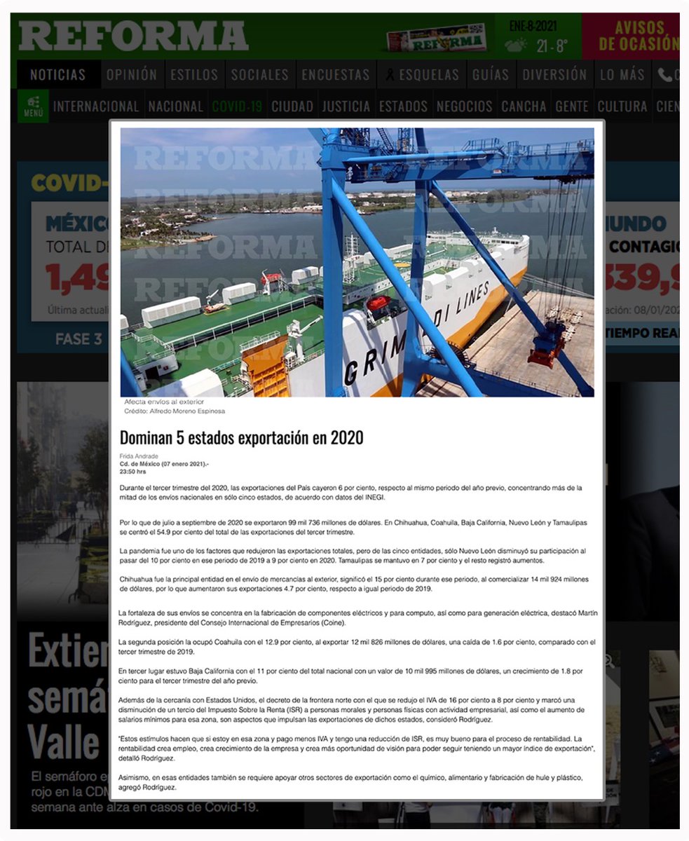 COINE_Lat's tweet photo. Los invitamos a leer la entrevista de nuestro presidente @MartinRSmx, en la que habló sobre exportaciones del 3er trimestre del 2020 para el periódico @Reforma. https://t.co/BriUQ0jB4Z https://t.co/BF3xhE9DxG