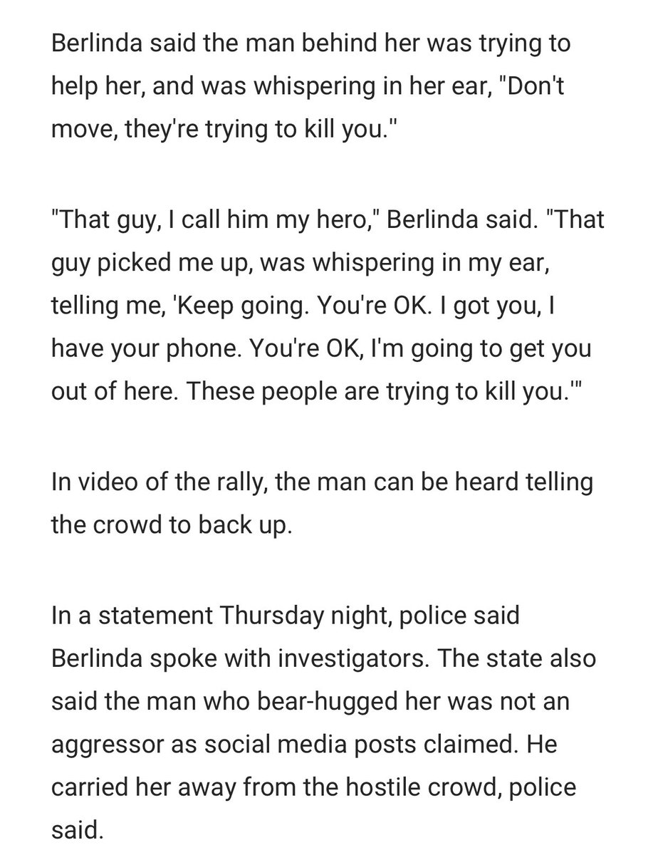 This is nearly breaking me right now:"That guy picked me up, was whispering in my ear, telling me 'Keep going. You're OK. I got you. I have your phone. I'm going to get you out of here. These people are trying to kill you." https://www.nbclosangeles.com/news/local/lapd-hate-crime-investigation-downtown-la-trump-rally-bear-hug-protest/2501697/?amp