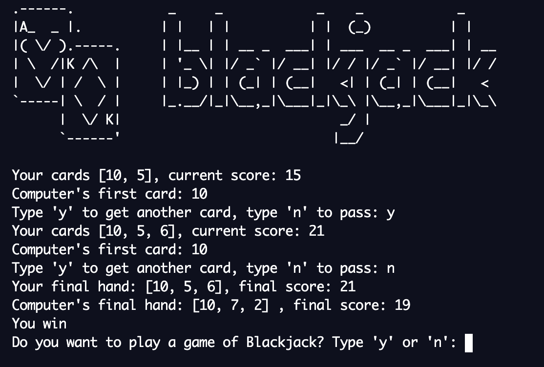 KhaledMBadr's tweet photo. Day 11 #100DaysOfCode my first capstone project !
I created a blackjack game ππ. I didn't do it in the most optimum way possible (as the instructor did) however I guess this comes with experience. nevertheless I'm happy I could do it with minimal hints!
#Gettingstrongnow https://t.co/tudGVusK7D