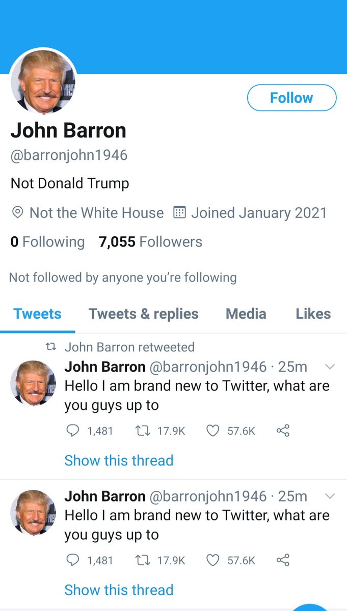 <a href="/barronjohn1946/">John Barron</a> <a href="/Baddiel/">David Baddiel</a> Guy sets up an account 24 mins ago, already has over 7000 followers. First tweet getting close to 60,000 likes and 20,000 retweets. I'm 10 years on Twitter and thinking wtf am I doing wrong 😂😂😂