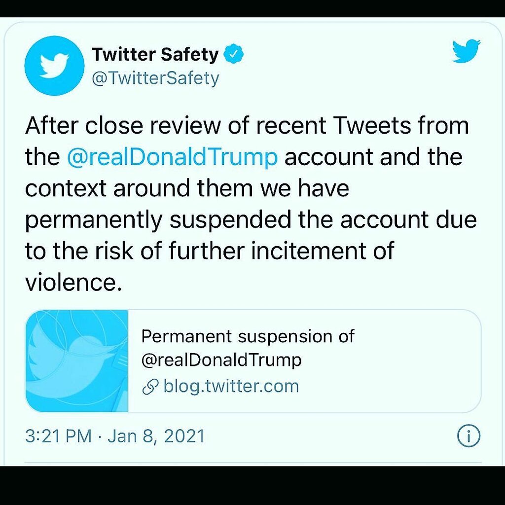 MyMetroSoul's tweet photo. #Twitter bans #President #Trump permanently

After close review of recent Tweets from the @realDonaldTrump account and the context around them we have permanently suspended the account due to the risk of further incitement of #violence.

#realdonaldtrump… https://t.co/qm0wW8EMa9 https://t.co/bZ0rjT4O1D
