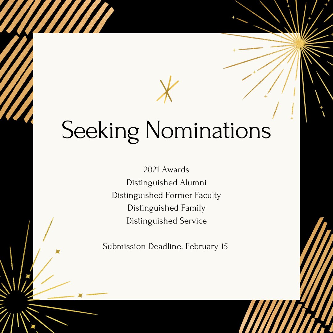 Nominations for the 2021 Distinguished Alumni, Family, Former Faculty and Service Awards at East Central University are being accepted with a deadline of February 15, 2021.

For nominee criteria and nomination form click here --> ow.ly/wxRS50D3Pxx