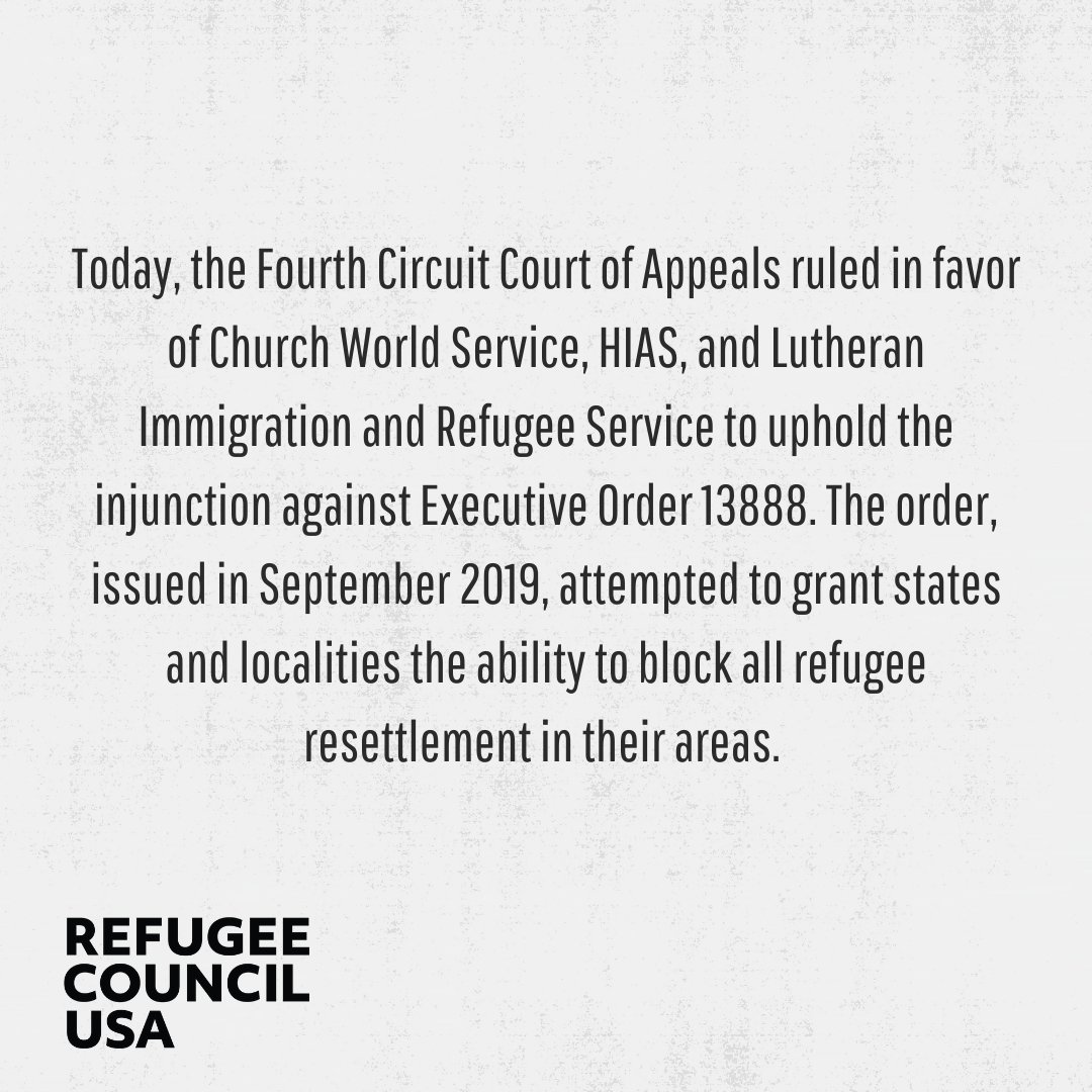 RCUSA_DC's tweet image. BIG NEWS! The Fourth Circuit upheld an injunction in favor of @CWS_global @HIASrefugees @LIRSorg This is a big win for refugee resettlement, our communities, and bipartisanship! @IRAP #WeAreWelcomers

refugeerights.org/litigation/