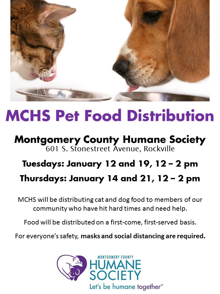 MoCoHumane's tweet photo. In an effort to help members of our community who have hit hard times, MCHS will be hosting a series of free cat & dog food distribution events at our rescue building in Rockville. Dates and details in attached images.
#petfooddistribution #catfood #dogfood #mocomd #pleaseshare https://t.co/ASJC3VdhzT