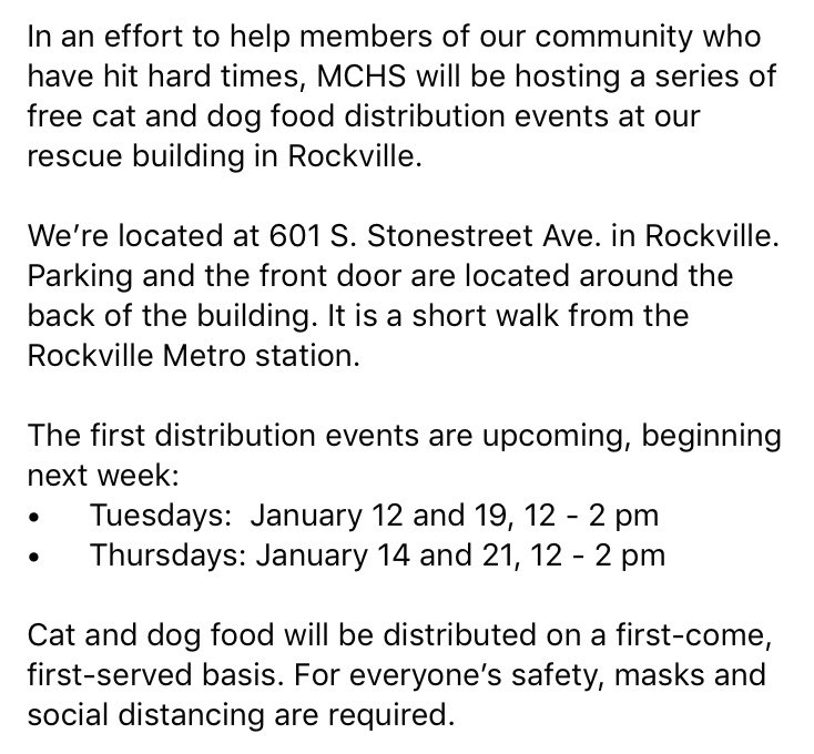 MoCoHumane's tweet photo. In an effort to help members of our community who have hit hard times, MCHS will be hosting a series of free cat & dog food distribution events at our rescue building in Rockville. Dates and details in attached images.
#petfooddistribution #catfood #dogfood #mocomd #pleaseshare https://t.co/ASJC3VdhzT