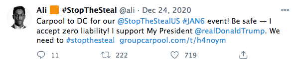  #StopTheSteal's primary leader is  @ali, a close ally of  @RepGosar. Here he is repeatedly implying that he's willing to do whatever it takes to overturn the election, including a full-blown revolution. But he made sure to say he accepts "zero liability," so it's all good.