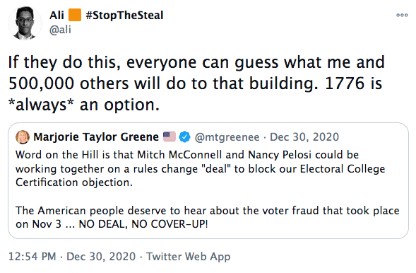  #StopTheSteal's primary leader is  @ali, a close ally of  @RepGosar. Here he is repeatedly implying that he's willing to do whatever it takes to overturn the election, including a full-blown revolution. But he made sure to say he accepts "zero liability," so it's all good.