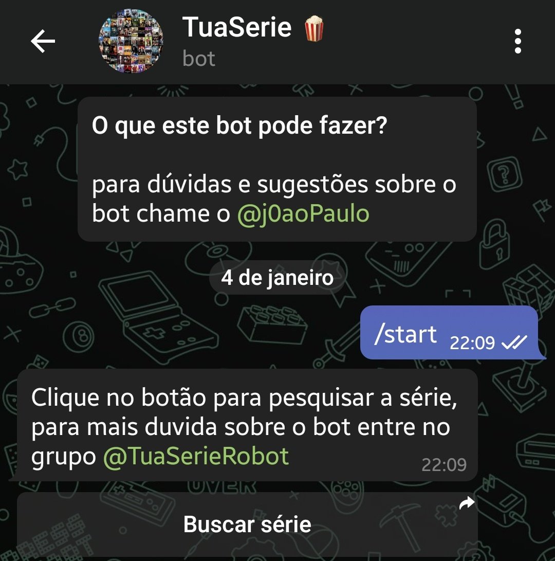 pablo on X: • o Tuaserie 🍿 é um bot bem fácil de usar e disponibiliza  várias temporadas de séries, basta começar uma conversa com ele e já pode  pesquisar a série