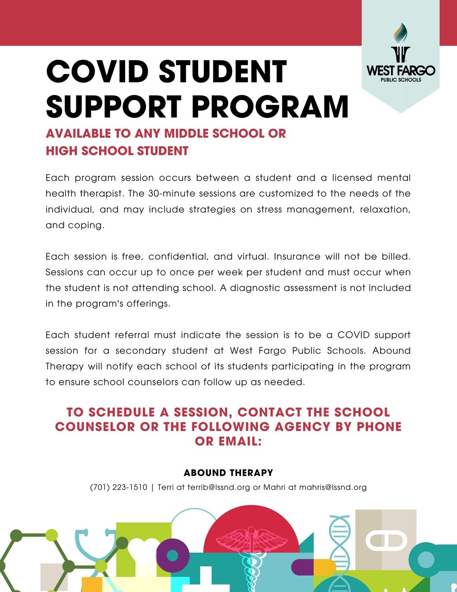 WFPSchools's tweet photo. The @WFPSchools COVID student support program is available to ANY district middle school or high school student who has experienced additional stress due to the pandemic; the program has now been extended through the spring. https://t.co/u6diRbGmFs