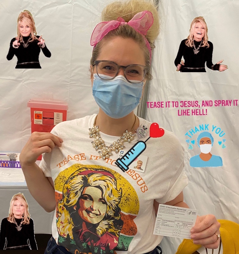 nursetinacle's tweet photo. Thank you @DollyParton
 and the hard work of so many brilliant minds and (wo)manpower for the best birthday gift a nurse could ask for! Xoxo, nurse Tina From CLE, Ohio 
@ClevelandClinic #teaseittoJesusandsprayitlikehell #clenurse #COVID19vaccine #igotheshot #dollypartonfanclub https://t.co/pn44NBk8ux