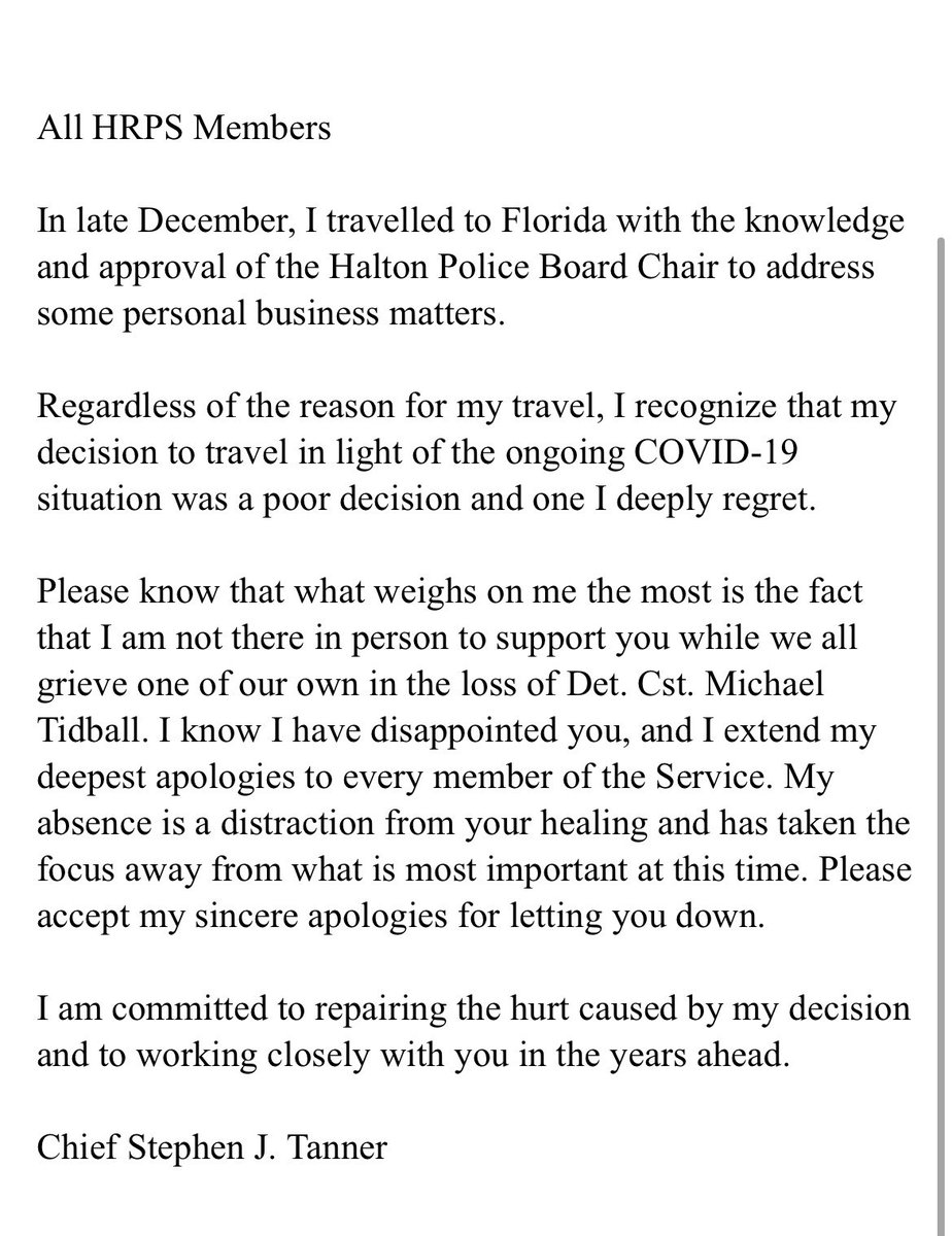 Tanner's letter to the membership. The problem is, the police services board don't have the authority for you to breach a global pandemic lockdown so you can sell your girlfriends house. Is she there too?