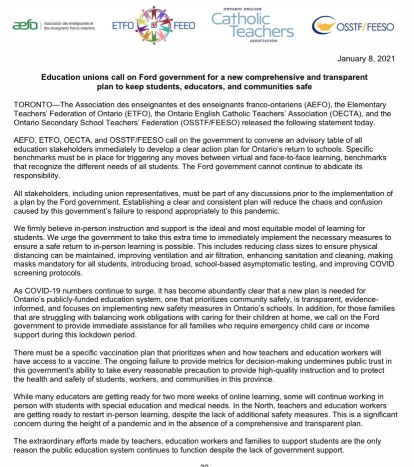 NEW- All 4 of Ontario’s education unions have co-signed a letter asking the govt to convene an advisory table re: a plan for return to school...which includes them at the table. #onpoli
