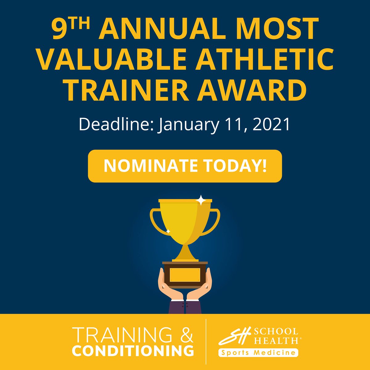 SH_SportsMed's tweet image. Last chance to nominate a deserving Athletic Trainer for going above and beyond! 🙌

The winning nominee with have the opportunity to be featured in the May/June issue of @TrainCondition Magazine! 

ow.ly/GeBN50D0DPr