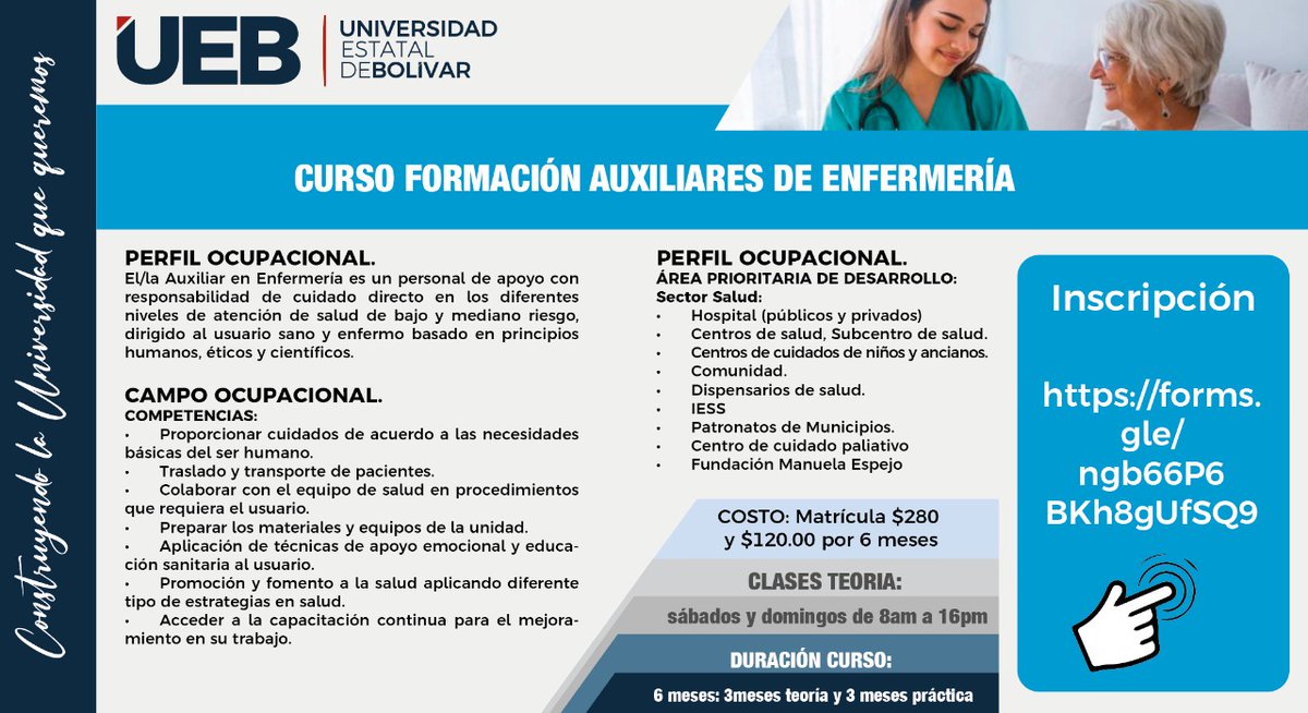 ueboficial_ec's tweet photo. La Universidad Estatal de Bolívar te invita a inscribirte en el CURSO DE AUXILIAR DE ENFERMERÍA, duración del curso 6 meses(3 meses de teoría y 3 meses de práctica). Clases teoría: sábado y domingo de 08h00 a 16h00.
Para inscripción ingrese: https://t.co/xYfD7eVGop https://t.co/4PmadrqDGW
