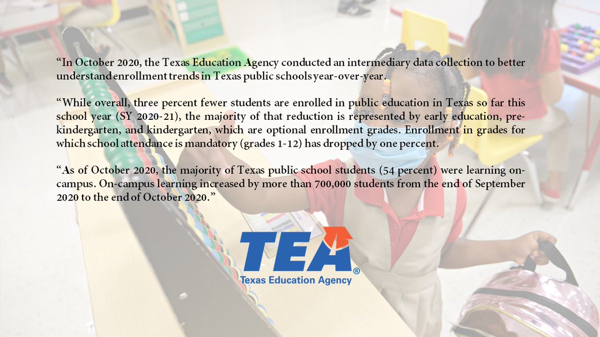 TEA Statement on SY 2020-2021 Enrollment in Texas Public Schools

For more information on grade level enrollment trends: bit.ly/2Xr1Kq6

#txed