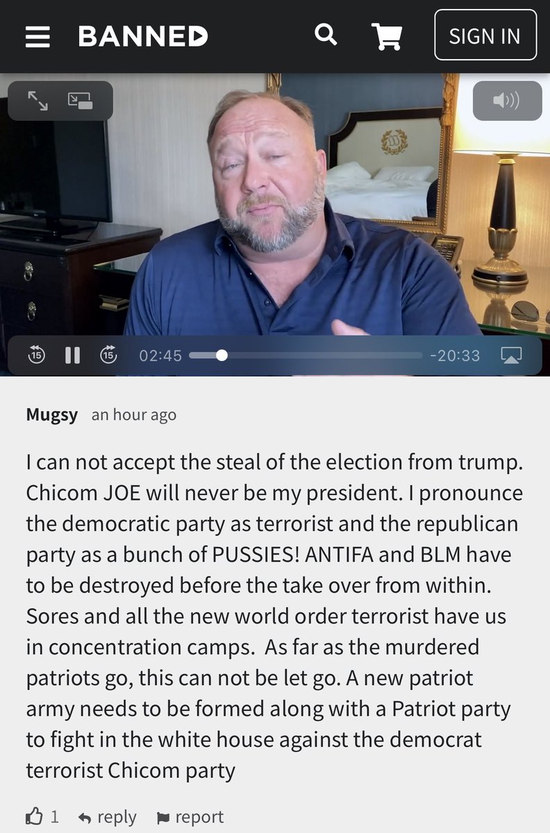 Tons of violent, disturbed commenters on “moderated” Alex Jones sites, in what seems to be overt violation of their phony “threat” (& etc.) policy. These are from today. . @FBI .. . @SecretService pls subpoena all communications & raw video, get ips of possible insurgents’ posts