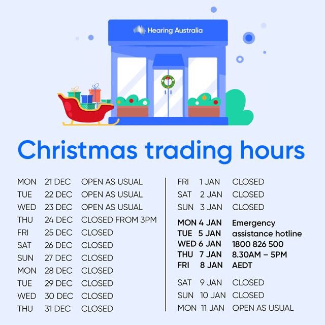Hearing_aus's tweet photo. @Grunbies Hello Lundy. Thanks for reaching out. Please note hours of operation over the festive season. Our staff are back on Monday 11th January. Was there anything else I can help you with? https://t.co/GPdZ0KOaLt