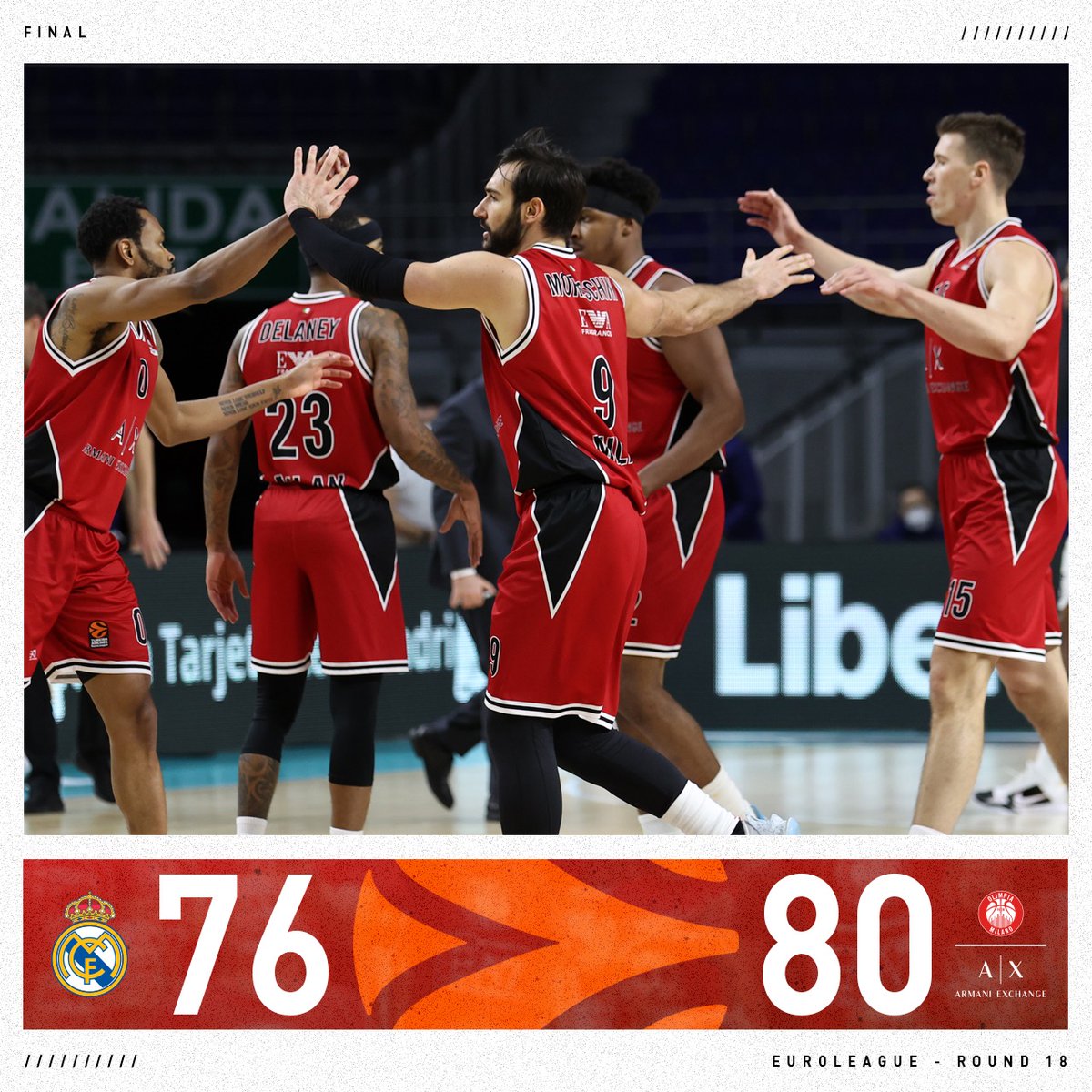 OlimpiaMI1936's tweet photo. Una notte indimenticabile, attesa da sempre, un'impresa contro il Real Madrid: 80-76! ⚪🔴➡ https://t.co/NWYhpS8d5R

📊 Rodriguez 17, Delaney 14, LeDay 12, Datome 9, Tarczewski 8, Punter 7, Roll 5, Hines 4, Brooks e Moraschini 2 

#insieme #EuroLeague #RMBAXM #ForzaOlimpia https://t.co/dVosnUVNQL