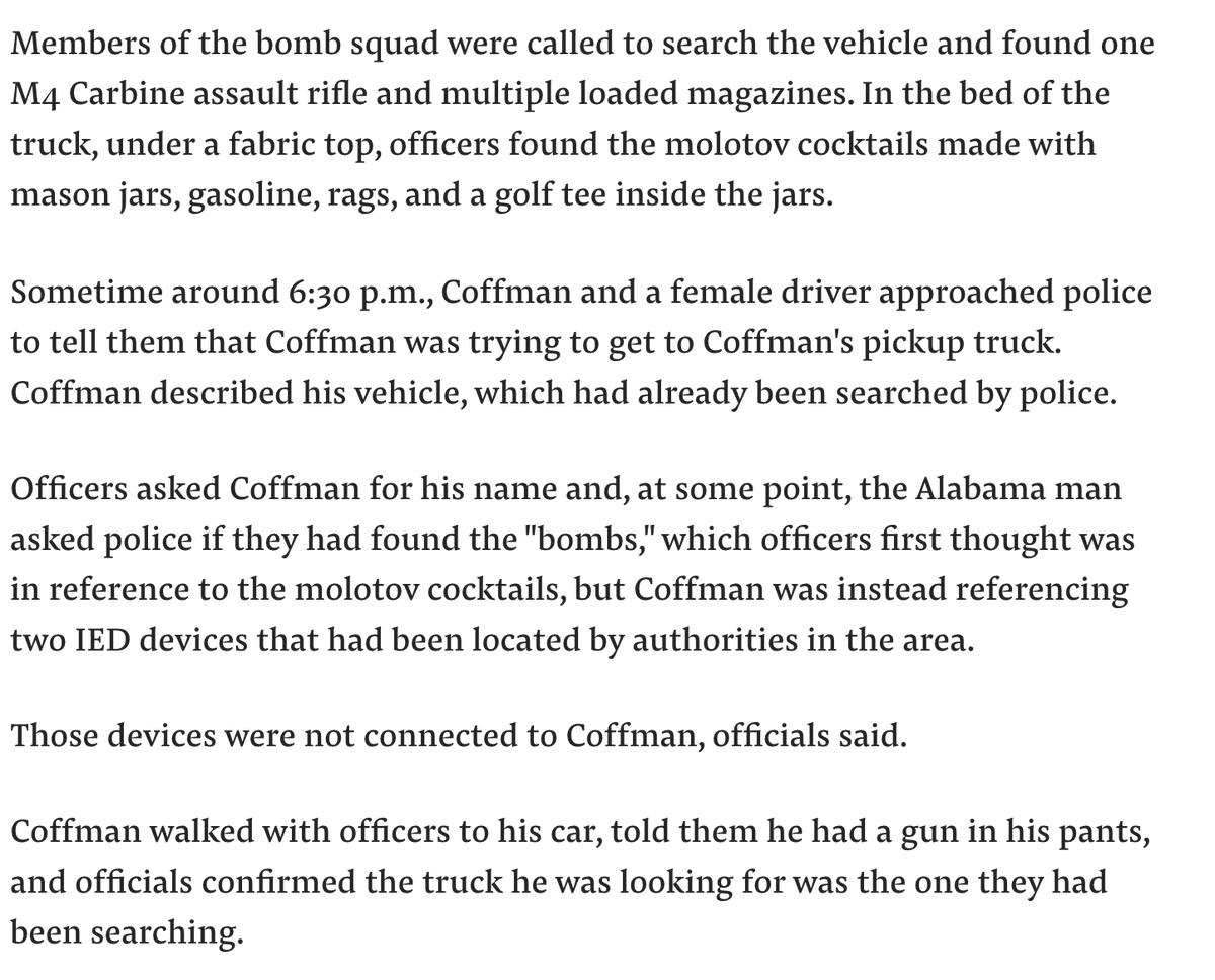 Lonnie Coffman, AL, was arrested after identifying his car to officers, who, unbeknownst to him, had already searched it. It allegedly contained 11 Molotov cocktails w/ homemade napalm, 2 handguns, and an M4 assault rifle.  @SalHernandez w the deets:  https://www.buzzfeednews.com/article/salvadorhernandez/pelosi-desk-guy-capitol-charged