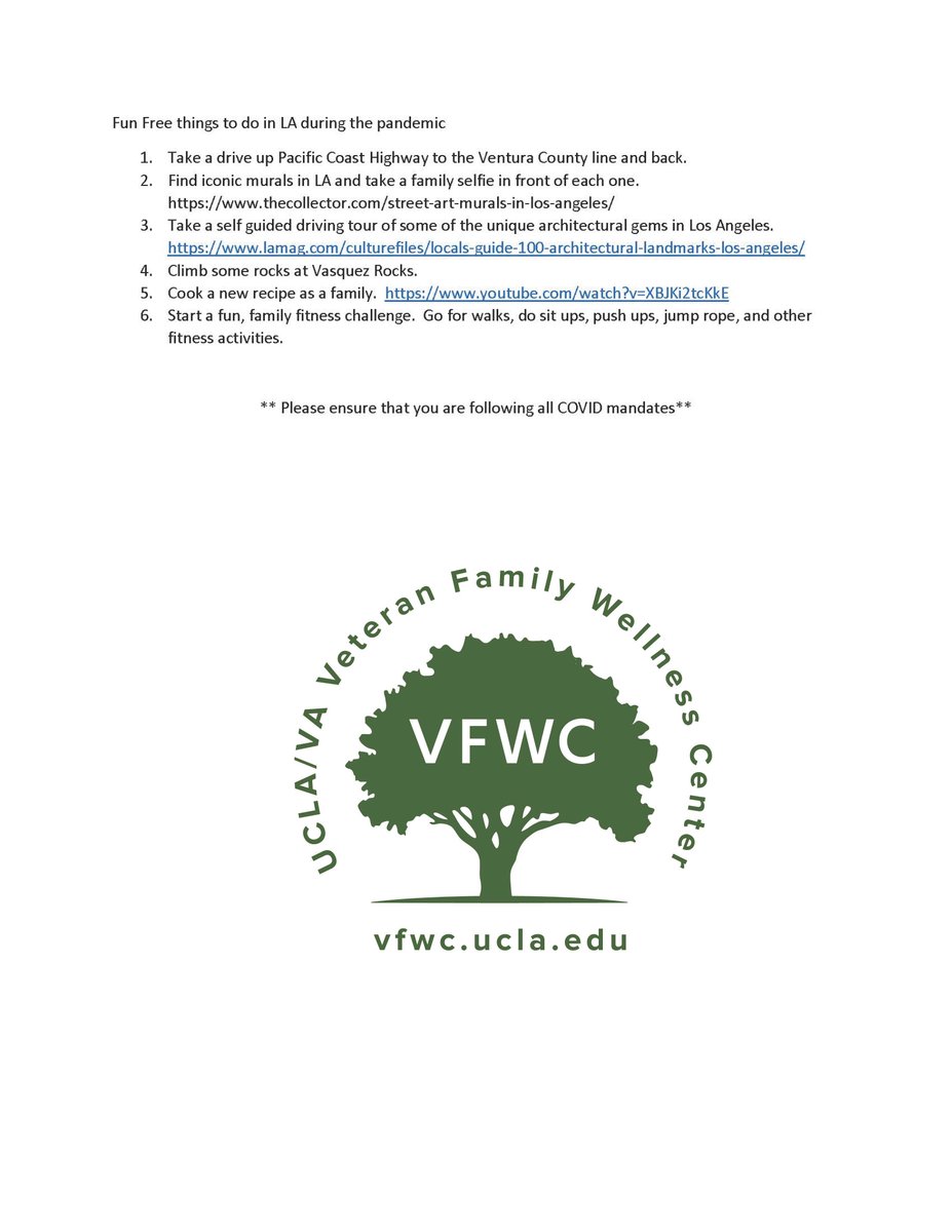 UCLAVFWC's tweet photo. Wondering what to do as a family this weekend?  We've come up with some COVID safe ideas for family fun!

If you are interested in learning more about playing as a family, email Melissa at mllee@mednet.ucla.edu https://t.co/eNlvfiZmIz