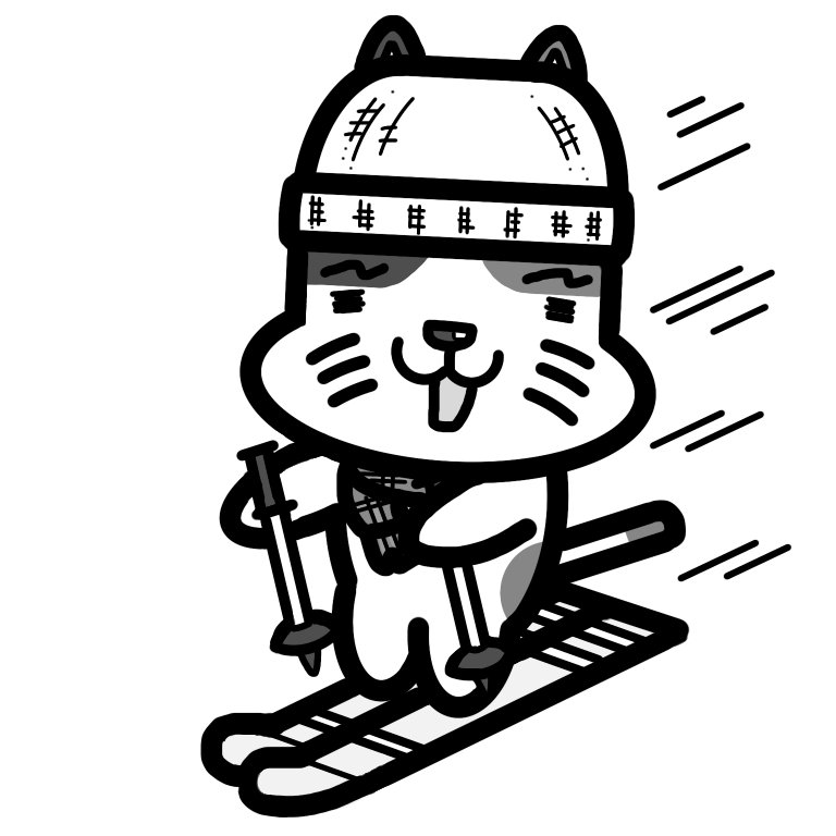 オクダユージ ネコとスキーのイラスト モノクロver 猫 ネコ イラスト デジタルイラスト 冬 スポーツ スキー 寒い 休日