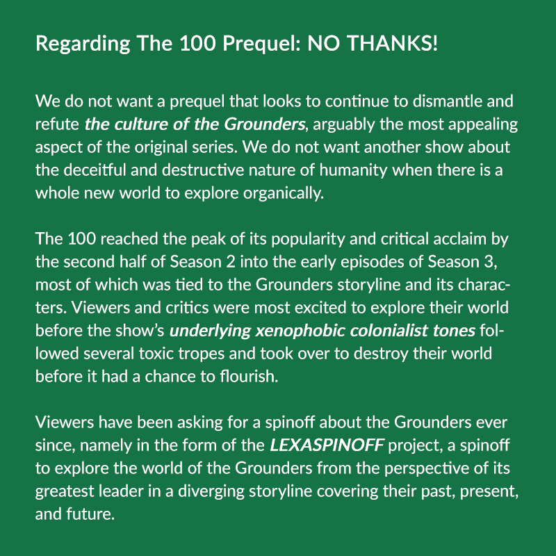 ClexaGlobal's tweet photo. @The100Brasil @DEADLINE @TheCW @hbomax We want #LexaSpinoff but certainly not more of Rothenberg's toxic storytelling #NoThe100Prequel #FireJasonRothenberg #RepresentationMatters https://t.co/i3L2Hn1j8L