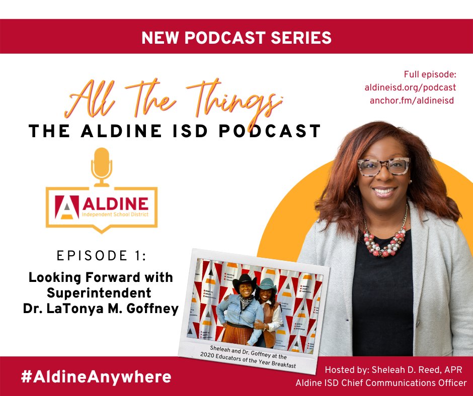Aldine ISD (@aldineisd) on Twitter photo 📢 Episode 1 of All the Things: The Aldine ISD Podcast is out! In this episode, we discuss looking FORWARD in 2021, the resilience of students, teachers, and staff during COVID-19, and all things Aldine ISD with <a href="/drgoffney/">Dr. LaTonya M. Goffney</a>. Listen & Share: ow.ly/DICX50D3QPo #AldineAnywhere 📢 Episode 1 of All the Things: The Aldine ISD Podcast is out! In this episode, we discuss looking FORWARD in 2021, the resilience of students, teachers, and staff during COVID-19, and all things Aldine ISD with <a href="/drgoffney/">Dr. LaTonya M. Goffney</a>. Listen & Share: ow.ly/DICX50D3QPo #AldineAnywhere